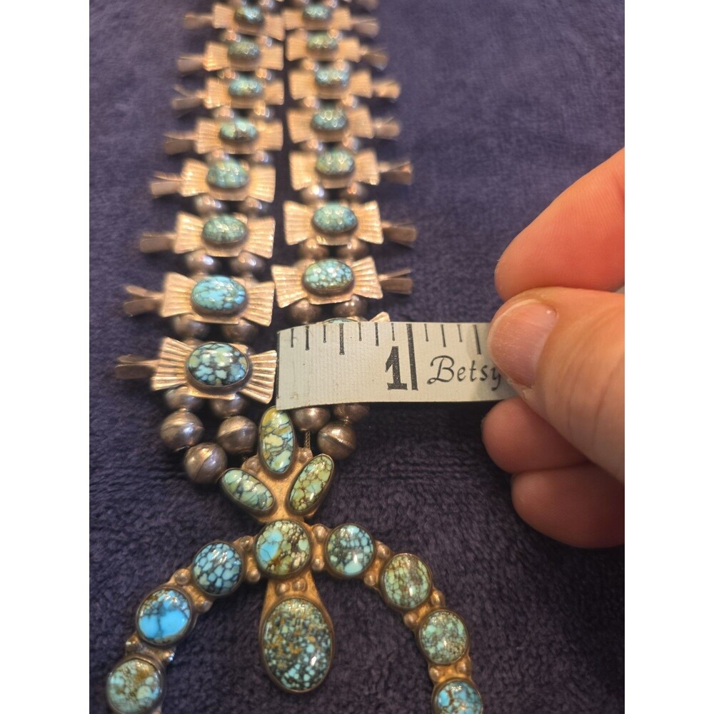 Navajo Bowtie Squash Blossom Spider Web Blue Turquoise Necklace -VINTAGE- SILVER - Picture 4 of 12